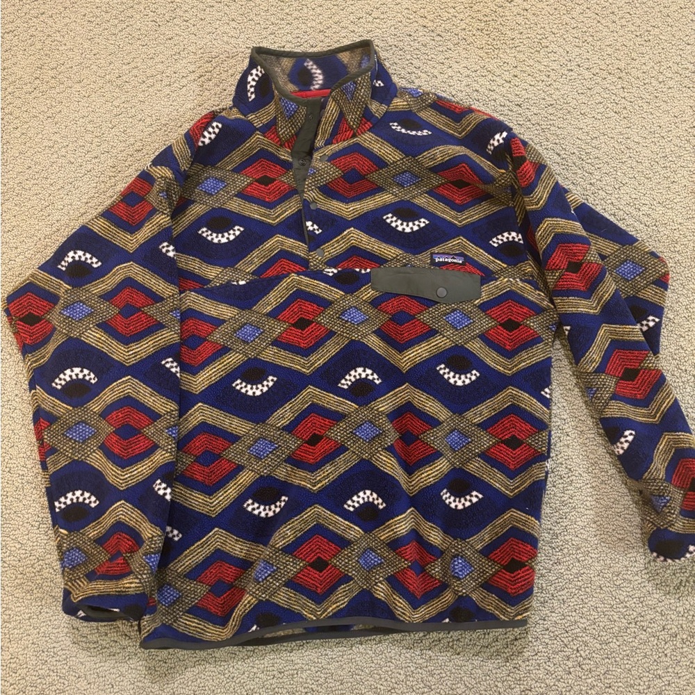 PATAGONIA l Synchilla Red Navy Blue Green Snap T Pullover RARE Print Mens L